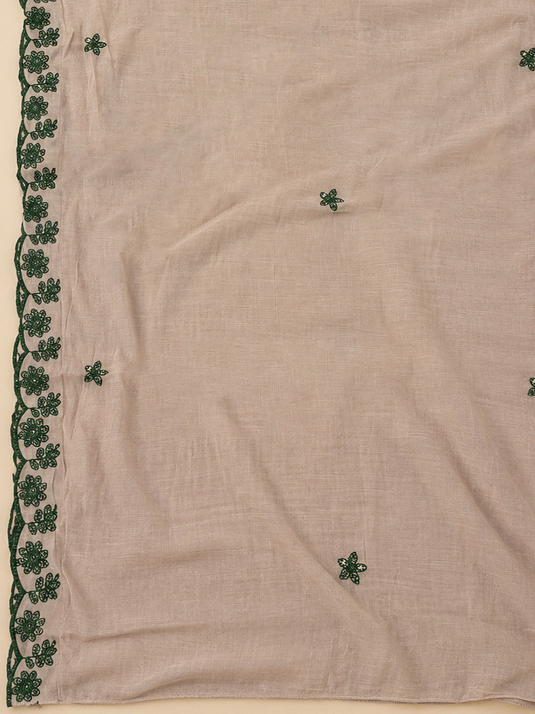 Beige Chanderi Embroidered Unstitched Dress Material