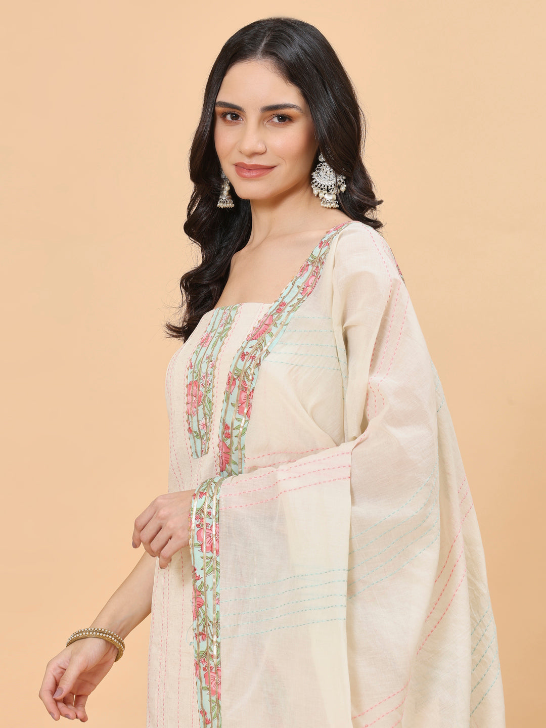 Neck Patti Cotton Blend Unstitched Suit Piece With Dupatta