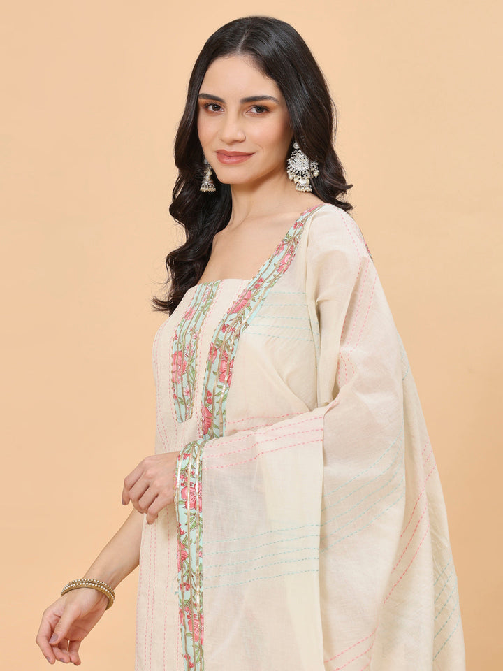 Neck Patti Cotton Blend Unstitched Suit Piece With Dupatta