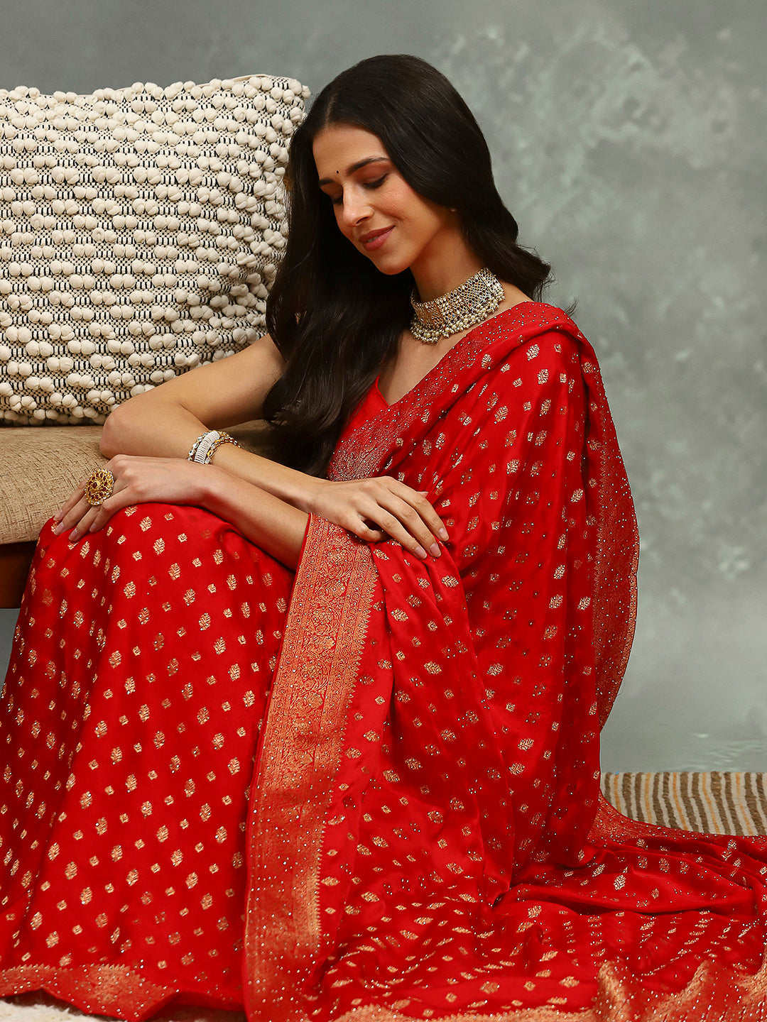 Stone Work Satin Embroidery Saree