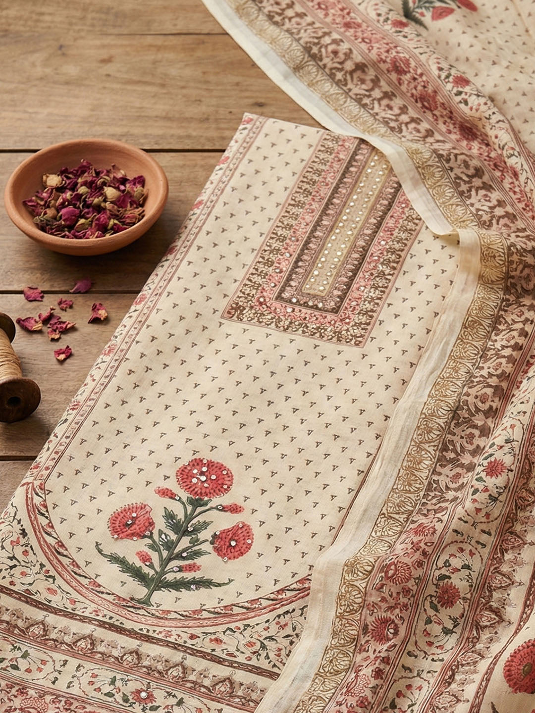 Embroidered Cotton Blend Unstitched Suit With Pant &amp; Dupatta