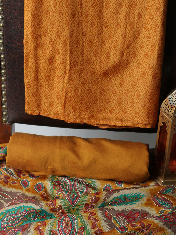Printed Tussar Unstitched Kurta With Pant &amp; Dupatta