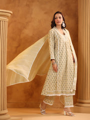 Printed Cotton Blend Kurta With Pants & Dupatta