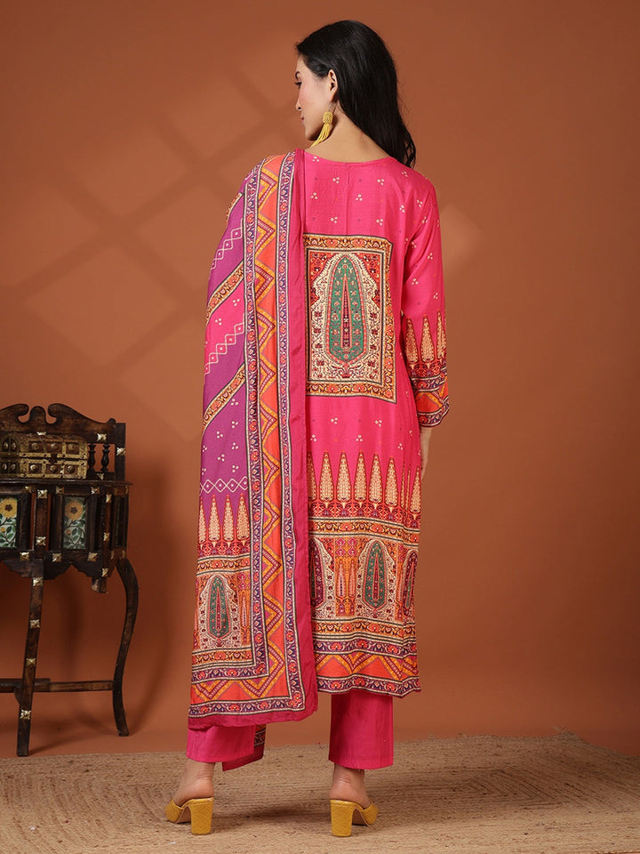Floral Printed Art Silk Kurta With Pant &amp; Dupatta