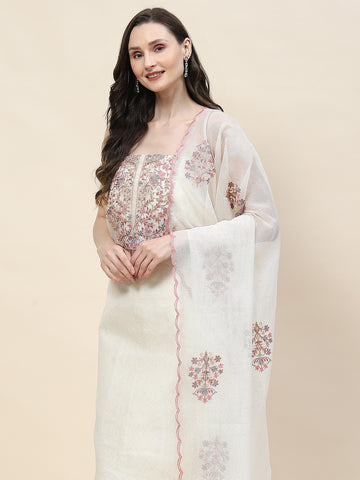 Neck Embroidery Kota Cotton Unstitched Suit Piece With Dupatta