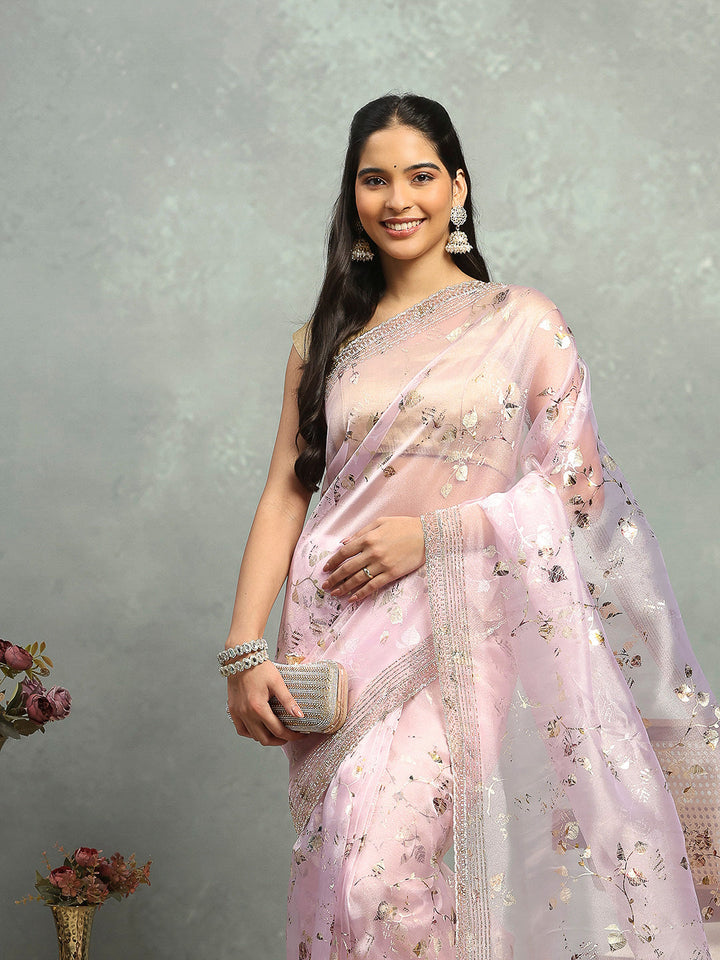 Foil Floral Printed Organza Saree