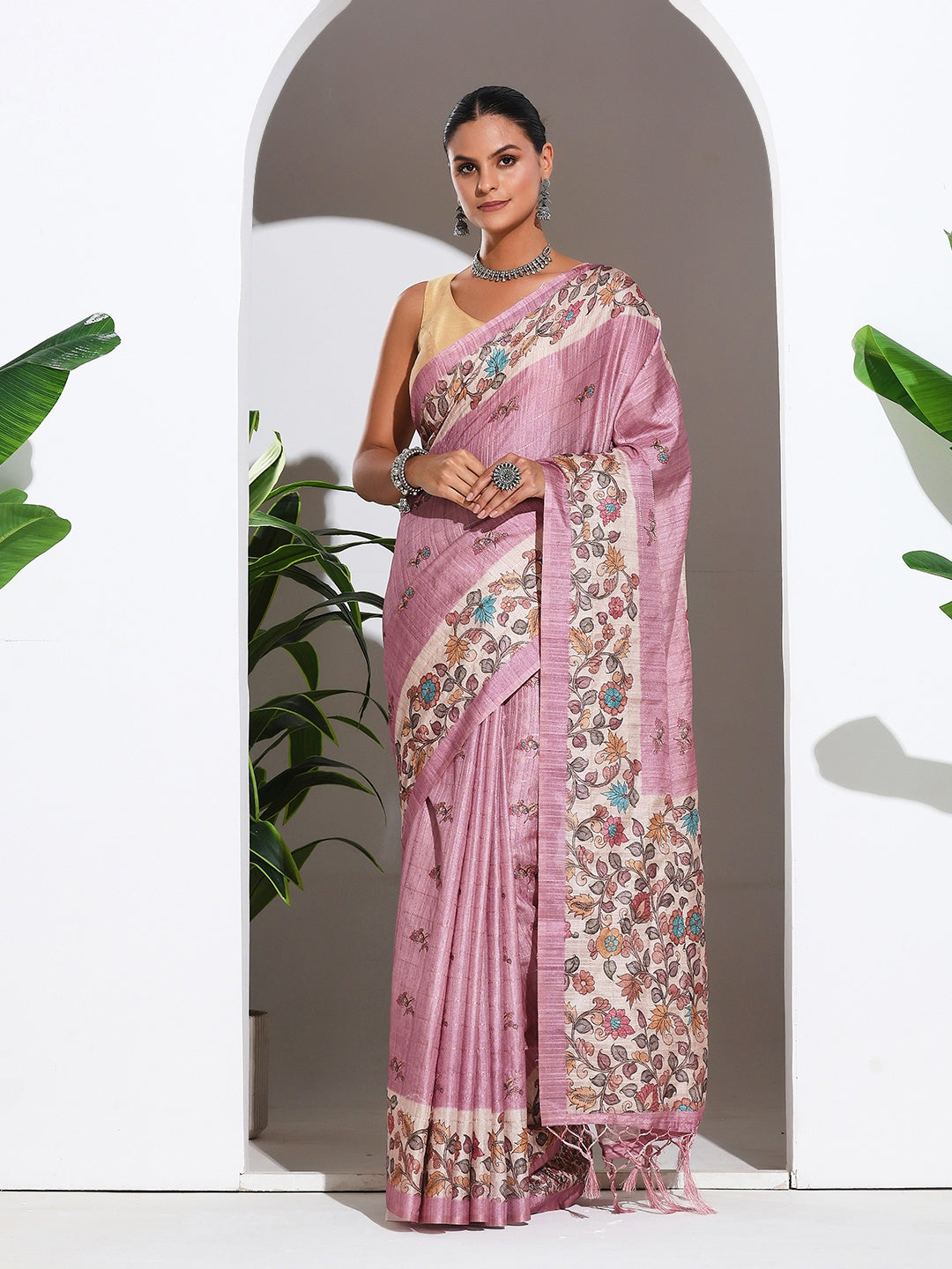 Floral Printed Tussar Silk Saree