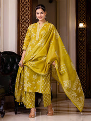 Printed Cotton Blend Kurta With Pants & Dupatta