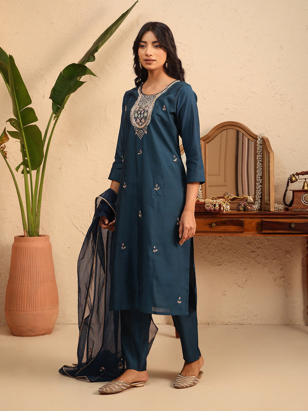 Embroidered Cotton Kurta With Pant &amp; Dupatta