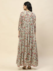 Floral Printed Cotton Gown Dress With Jacket