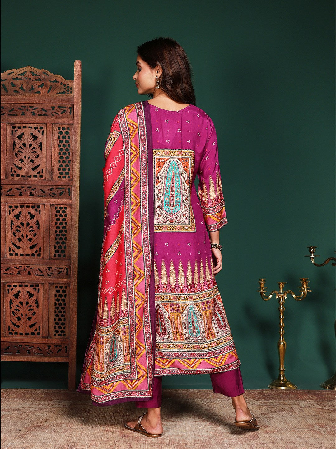 Floral Printed Art Silk Kurta With Pant &amp; Dupatta