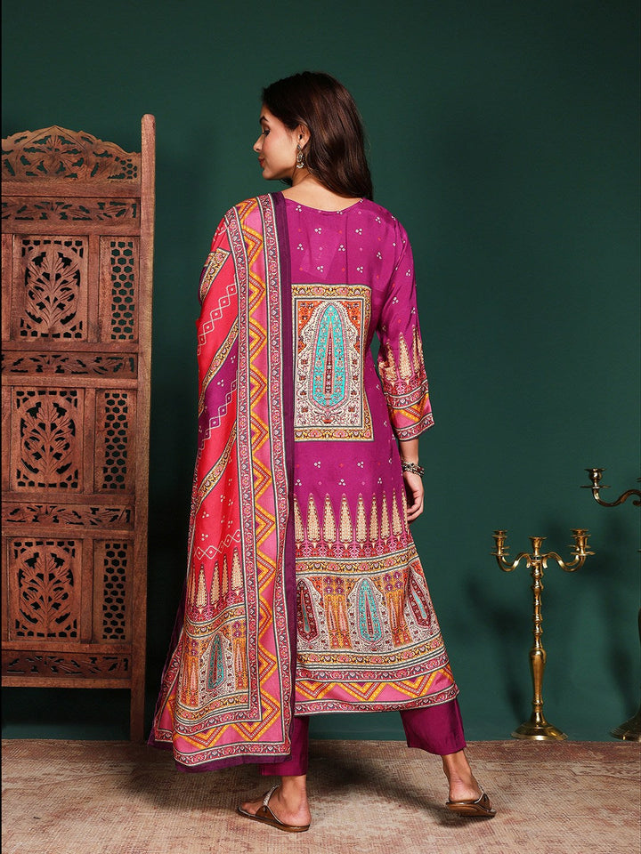 Floral Printed Art Silk Kurta With Pant &amp; Dupatta