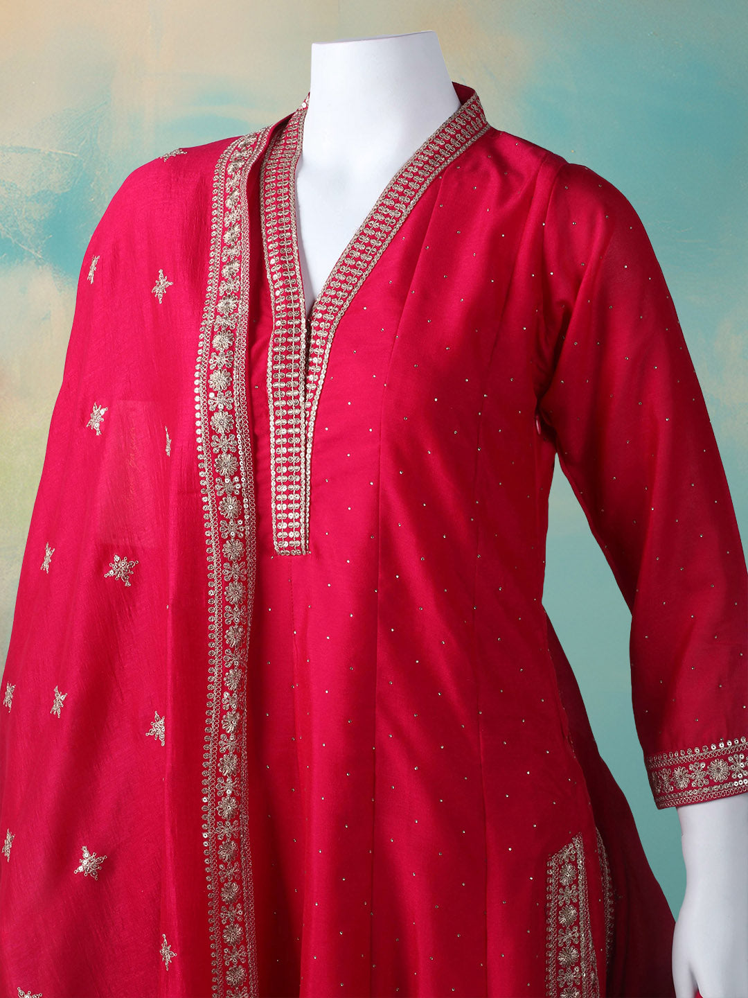 Embelished Art Silk Stitched Kurta With Pant &amp; Dupatta
