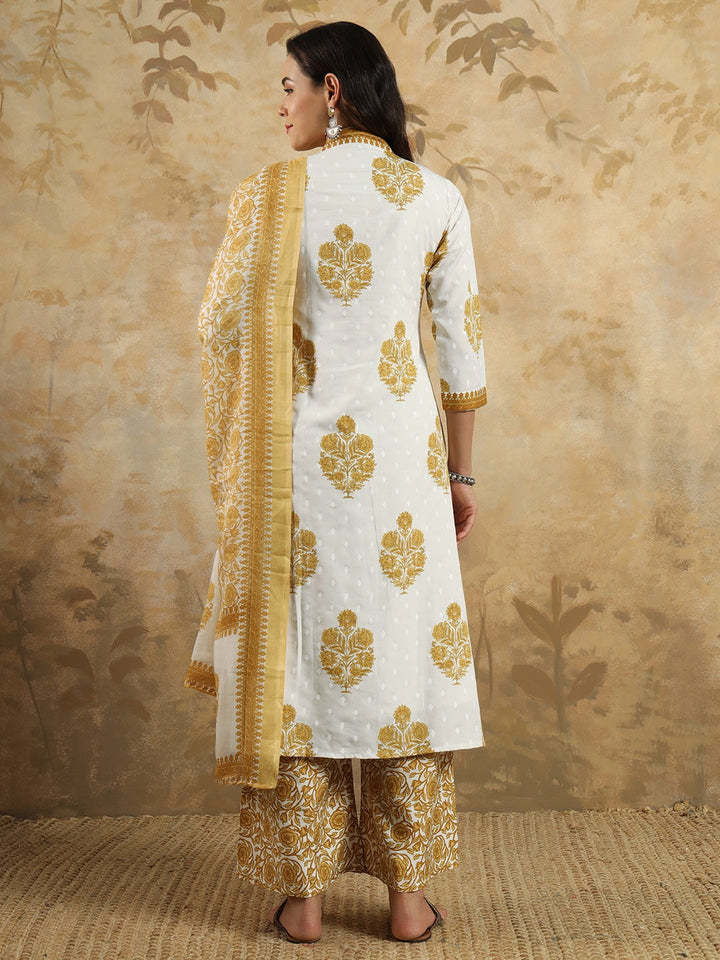 Neck Embroidery Cotton Blend Kurta With Pants &amp; Dupatta