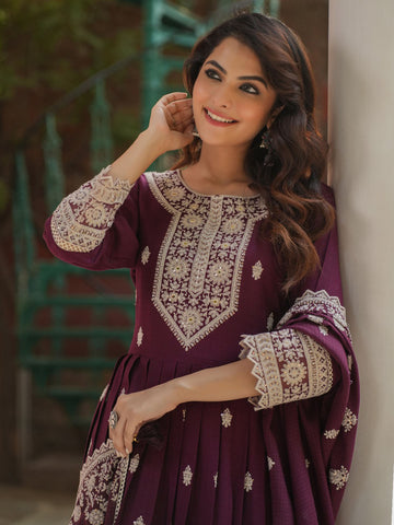 Resham Embroidery Cotton Blend Kurta With Pants & Dupatta