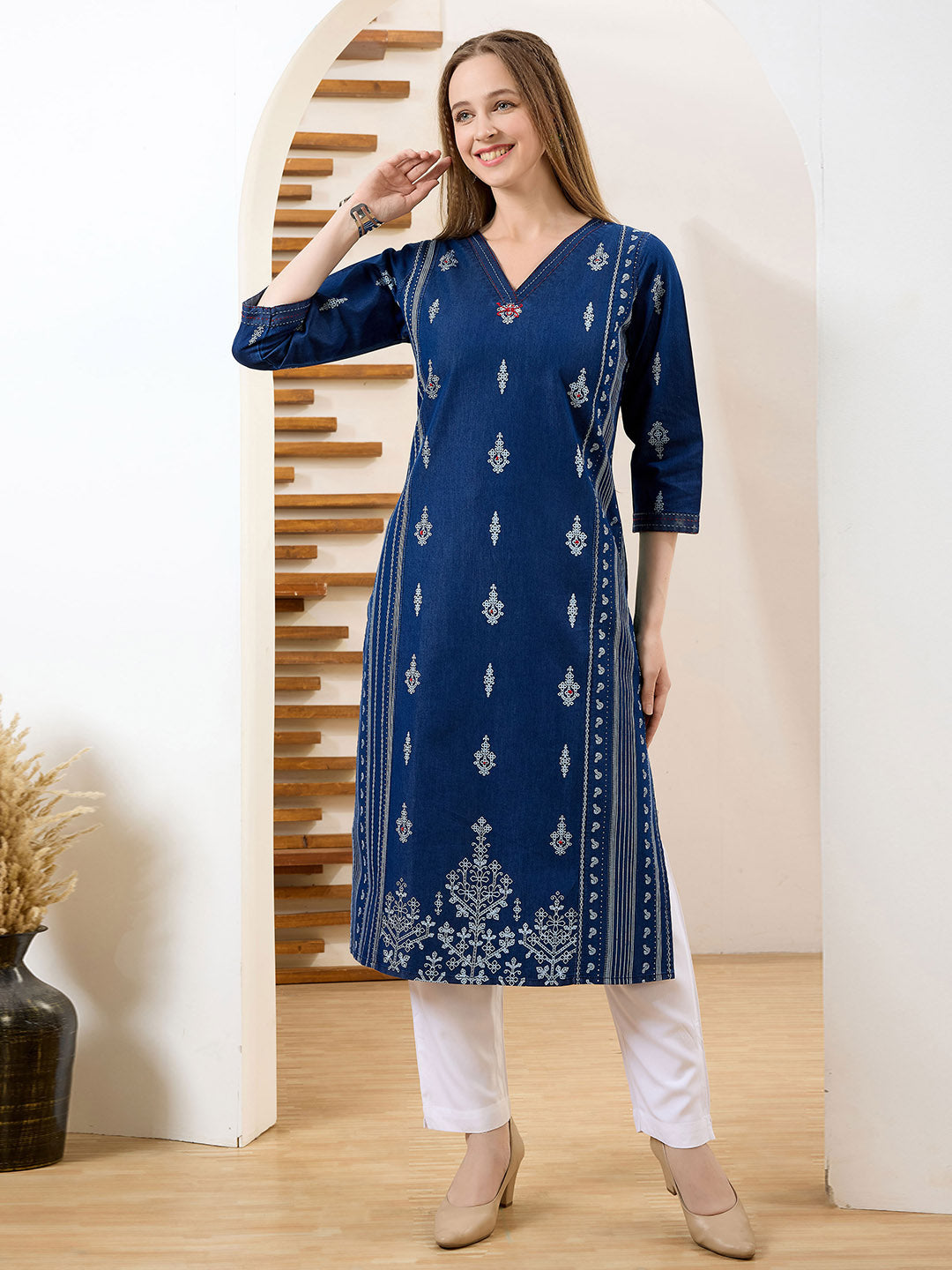 Neck Embroidered Denim Kurta