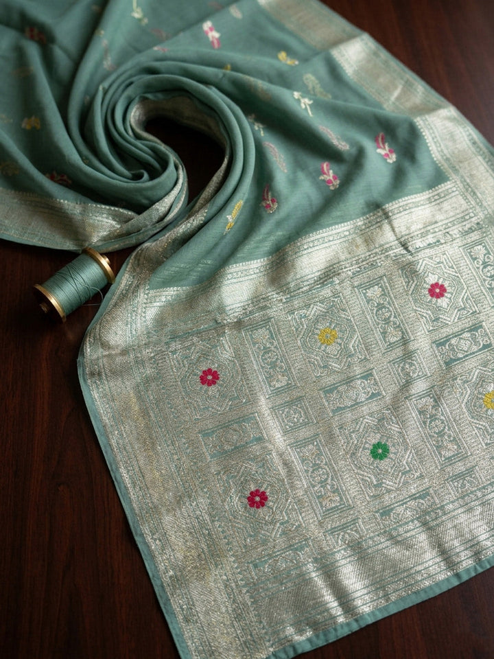 Embroidered Chanderi Unstitched Suit With Pant &amp; Dupatta