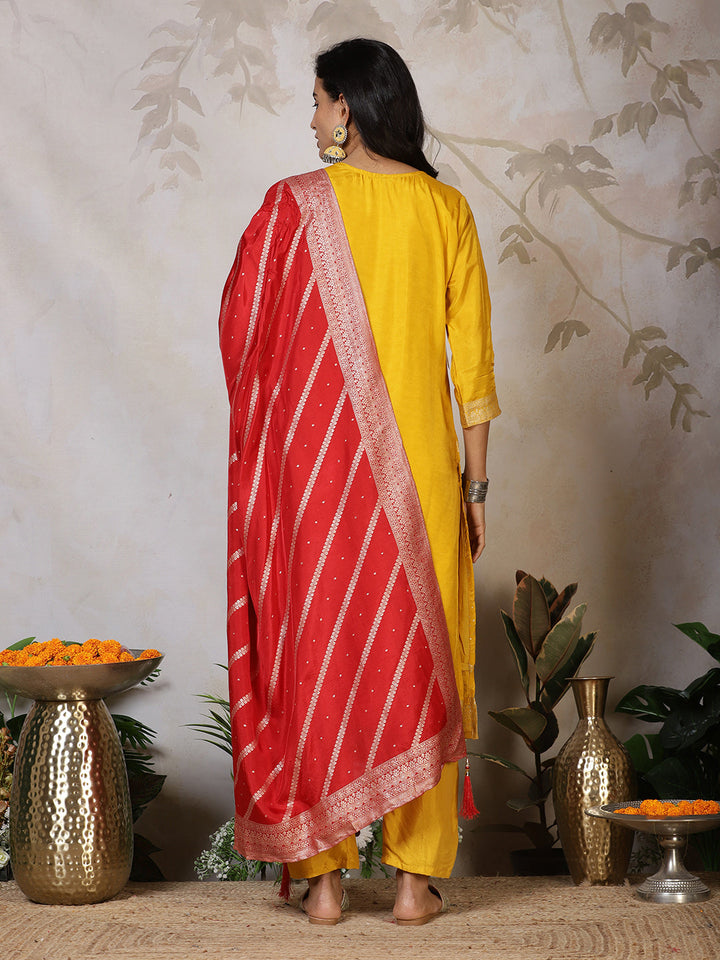 Banarasi Weave Tissue Kurta With Pants &amp; Dupatta