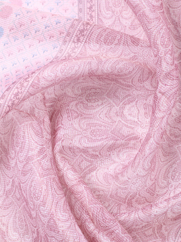 Printed Linen Blend Unstitched Suit With Pant &amp; Dupatta