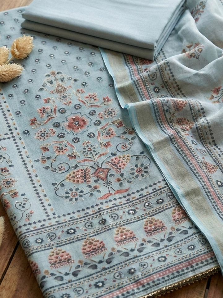 Printed Cotton Blend Unstitched Suit With Pant &amp; Dupatta