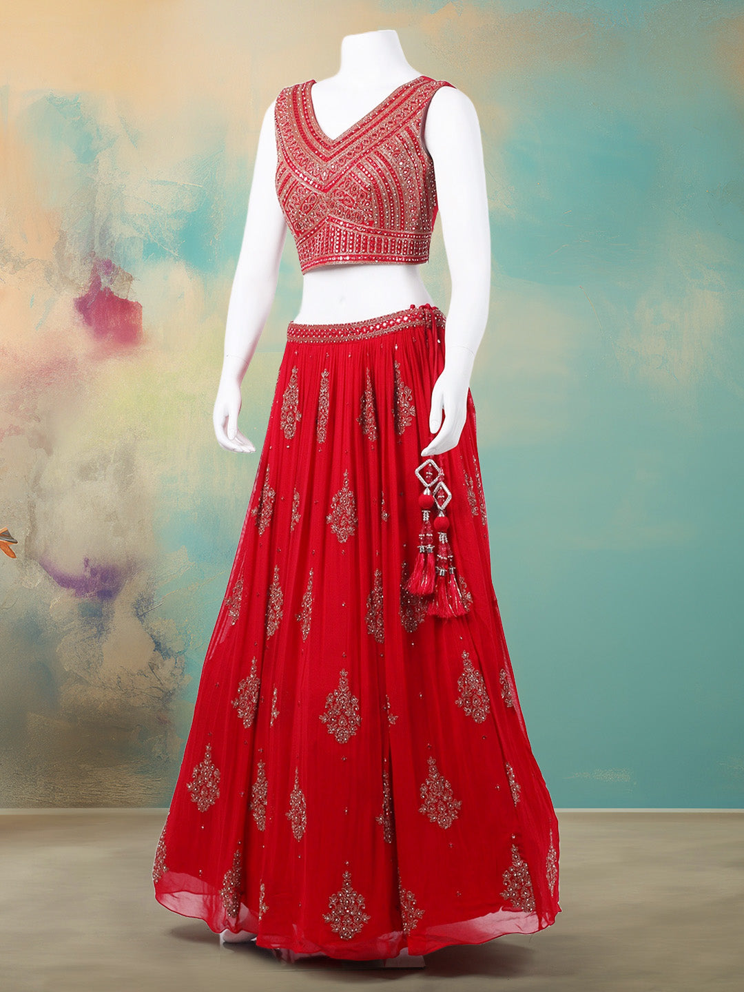 Resham Mirror Work Georgette Choli With Lehenga &amp; Dupatta