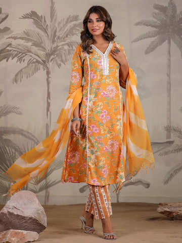 Floral Printed Cotton Blend Kurta With Pants & Dupatta