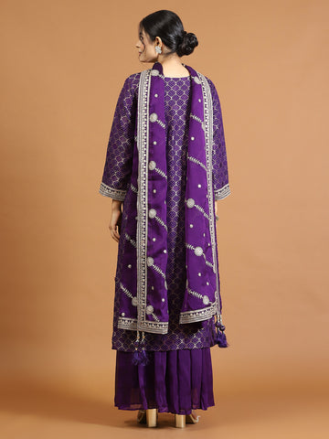 Neck Embroidery Banarasi Kurta With Palazzo & Dupatta