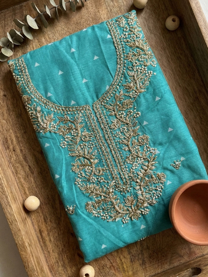 Embroidered Chanderi Unstitched Suit With Pant &amp; Dupatta