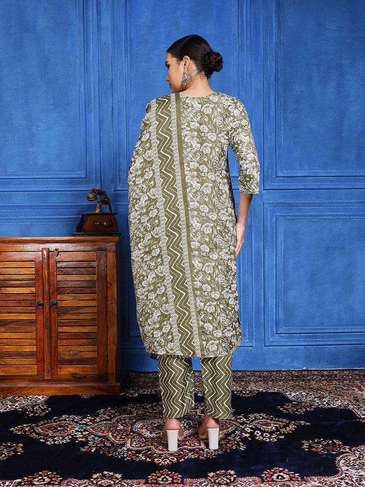 Printed Cotton Blend Kurta With Pants &amp; Dupatta