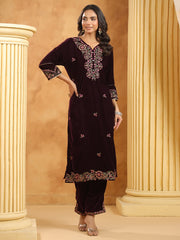 Neck Zari Embroidered Velvet Kurta With Pants & Dupatta