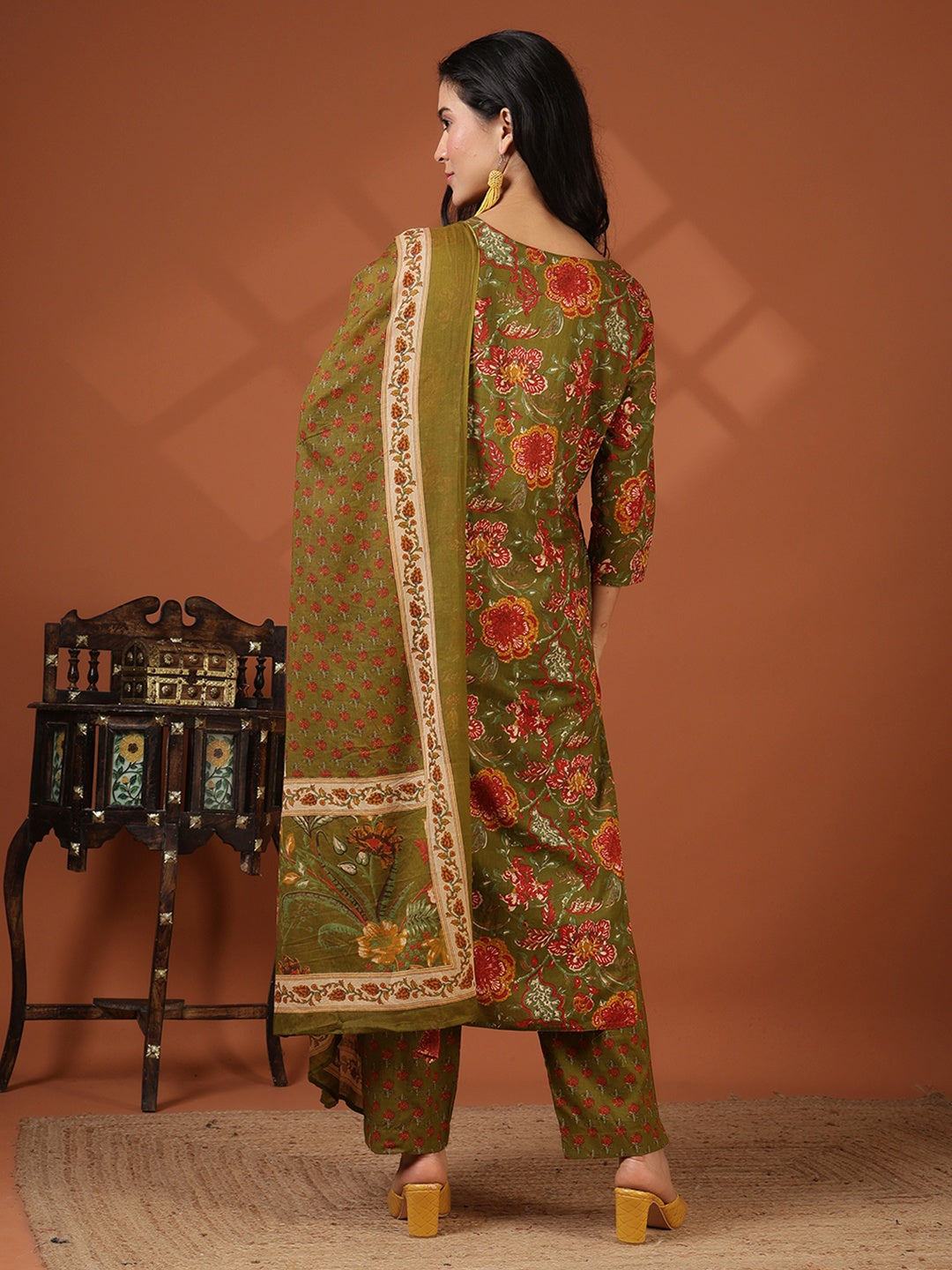 Printed Cotton Blend Kurta With Pant &amp; Dupatta