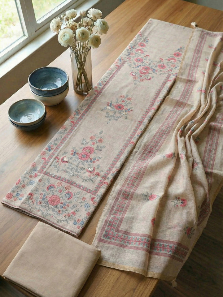 Printed Linen Blend Unstitched Suit With Pant &amp; Dupatta