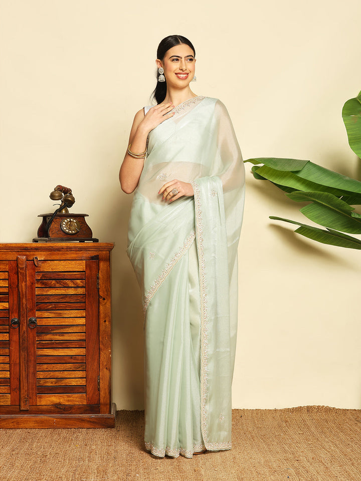 Stone &amp; Thread Embroidered Organza Saree