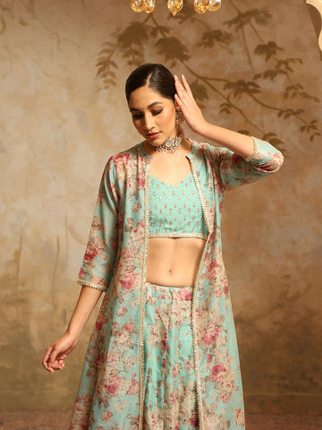 Floral Printed Chanderi Choli With Skirt & Jacket