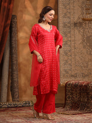 Neck Embroidered Art Silk Kurta With Pants & Dupatta