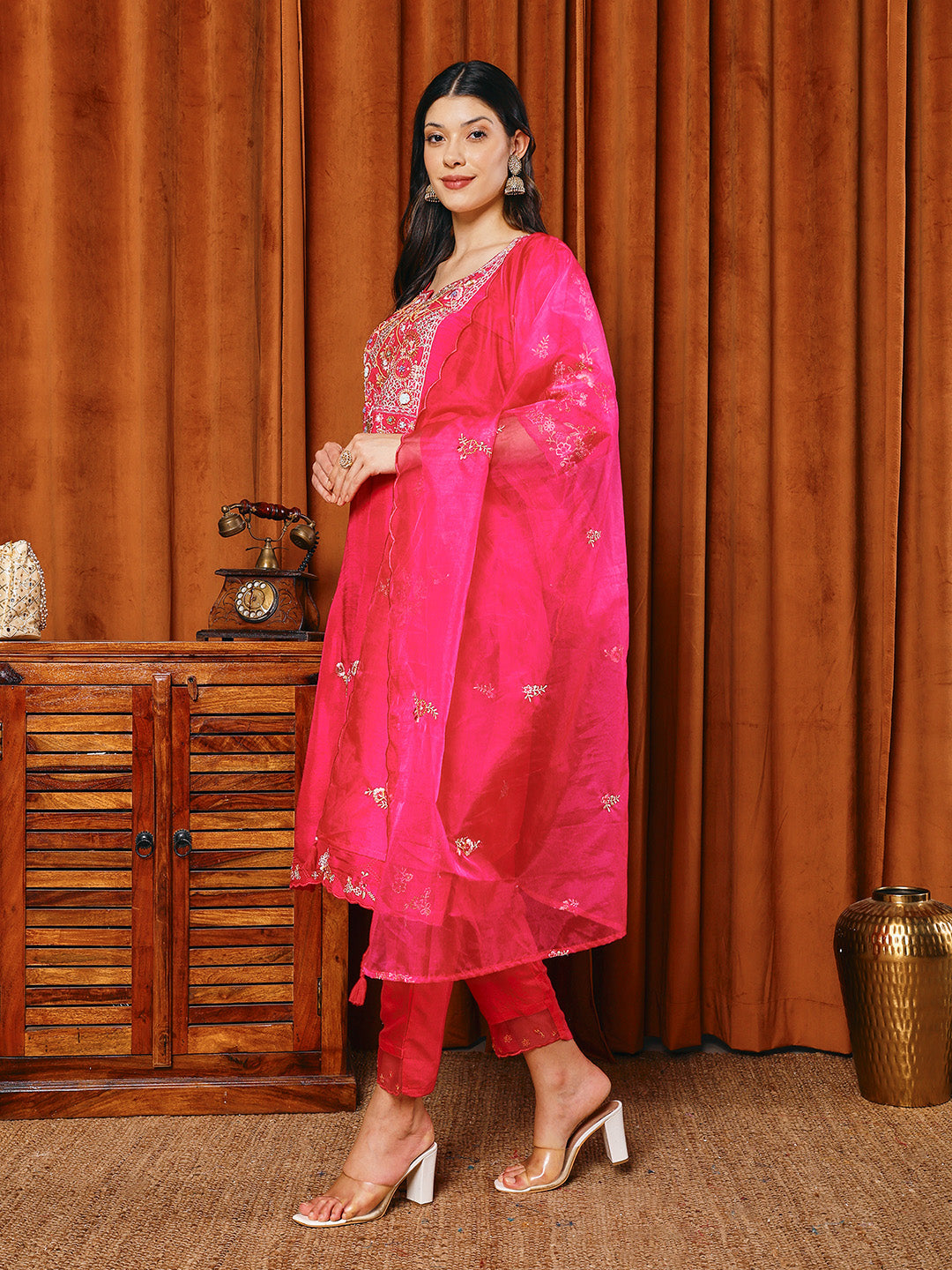 Resham Work Art Silk Kurta With Pants & Dupatta