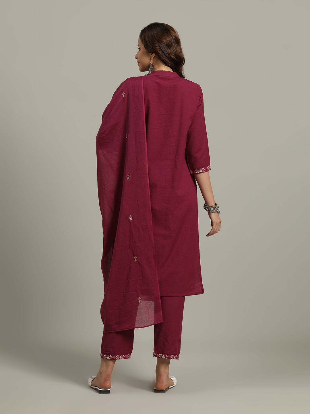 Resham Embroidered Cotton Kurta With Pants &amp; Dupatta