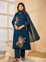 Embroidered Cotton Suit With Pant & Dupatta