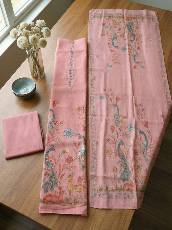 Printed Linen Blend Unstitched Suit With Pant &amp; Dupatta