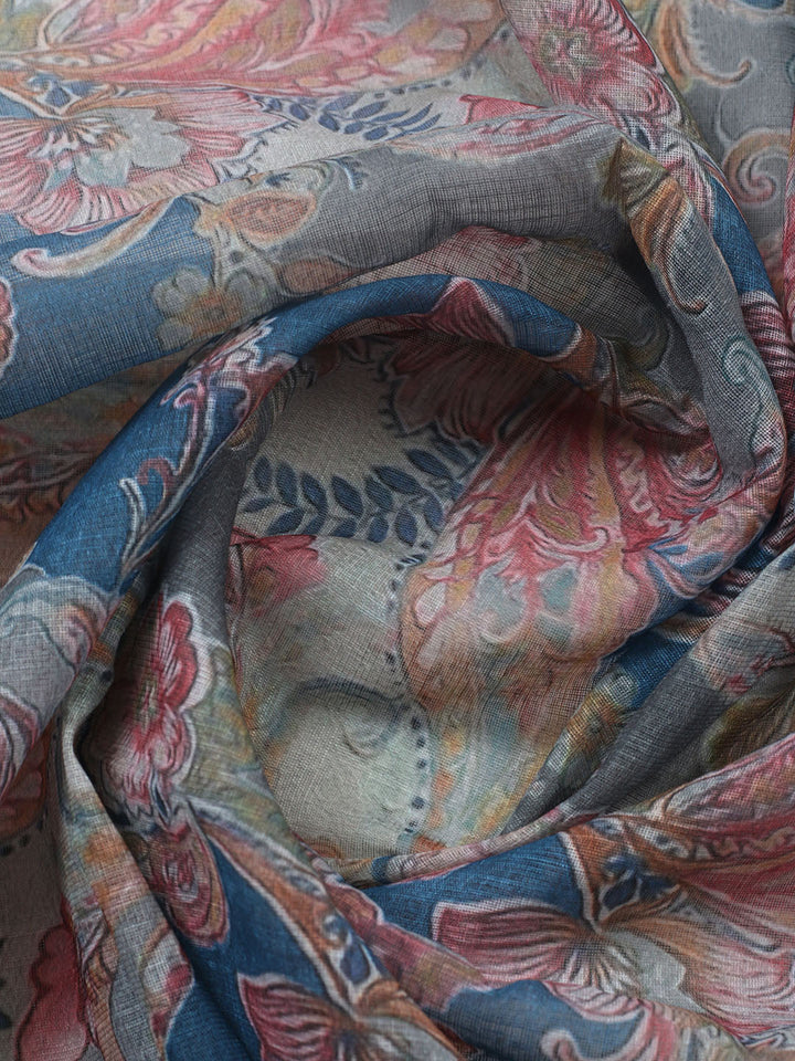 Embroidered Linen Blend Unstitched Suit With Pant &amp; Dupatta