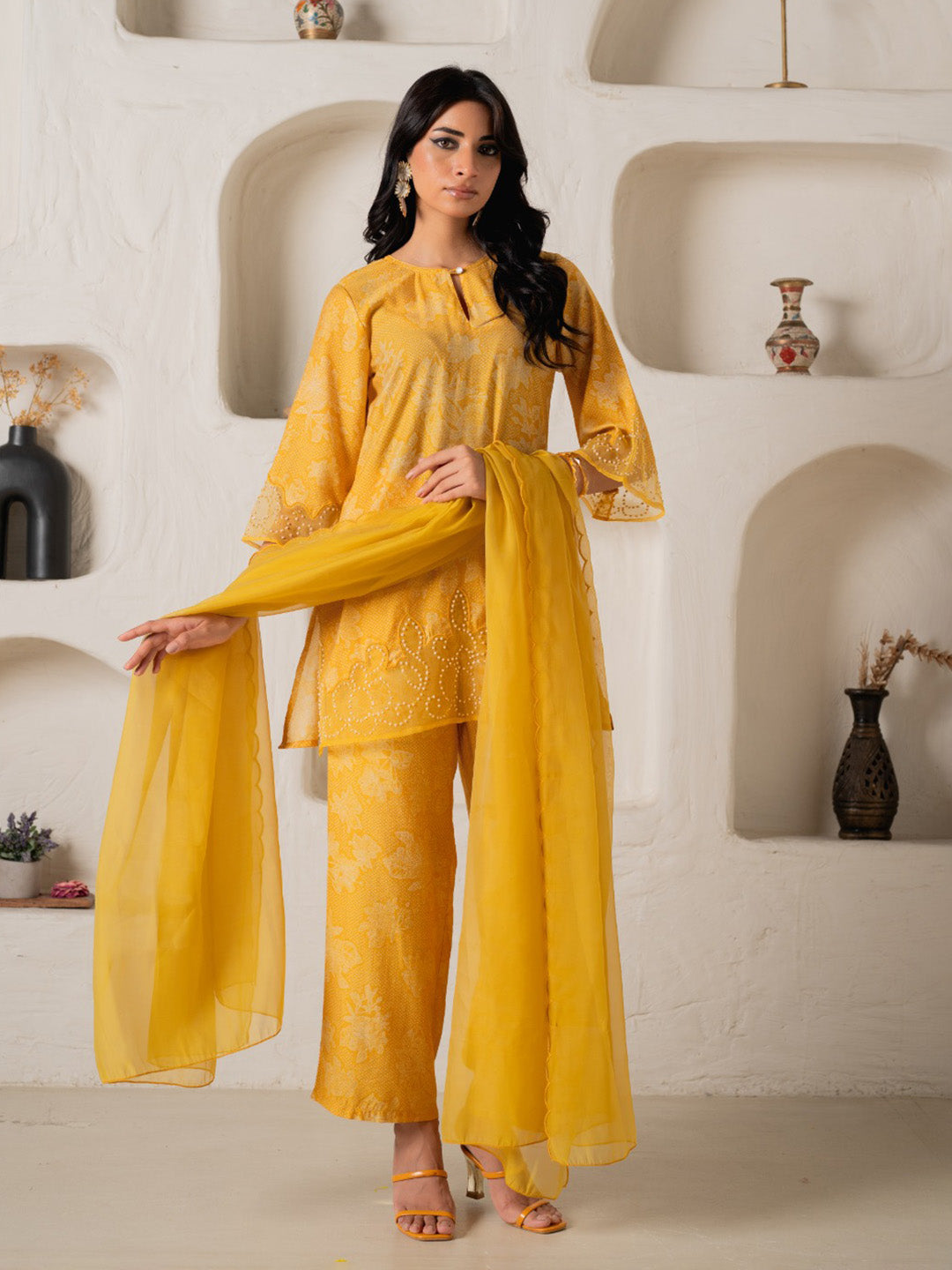 Embroidered Muslin Kurta With &amp; Dupatta