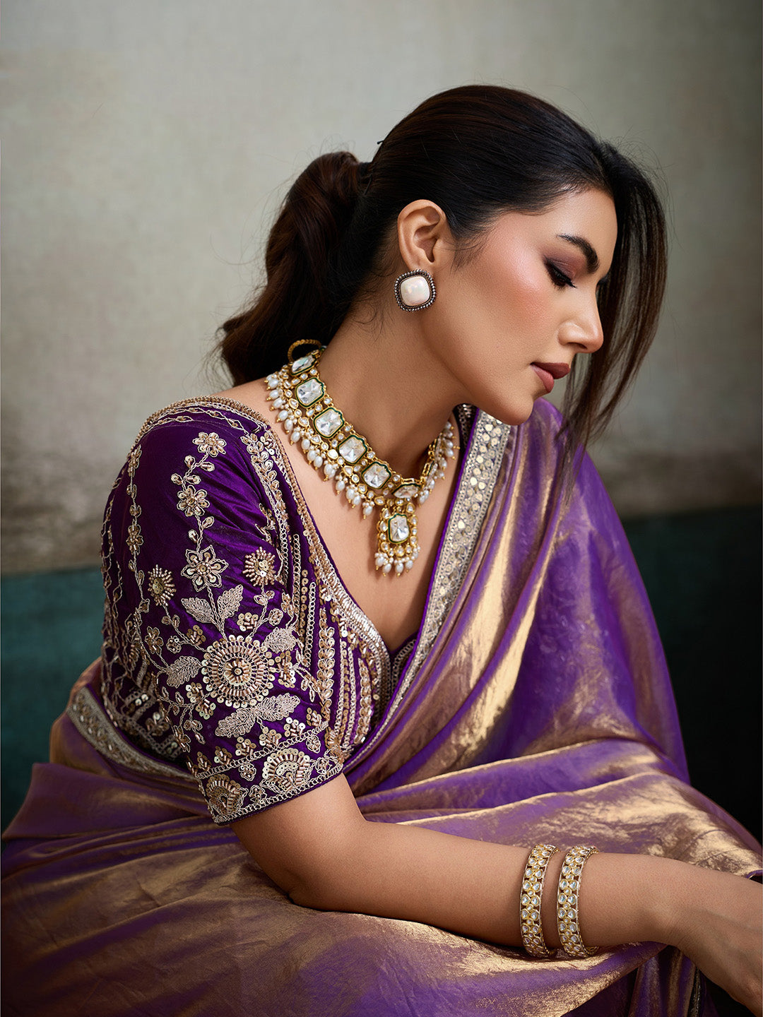 Embroidered Satin Saree With Readymade Blouse