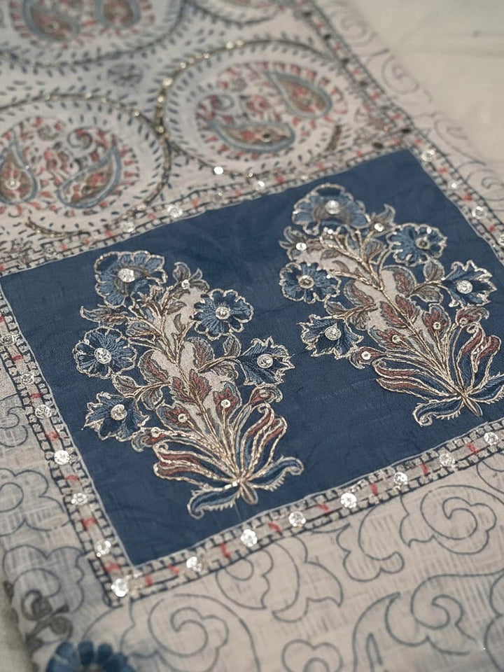 Printed Linen Blend Unstitched Suit With Pant &amp; Dupatta