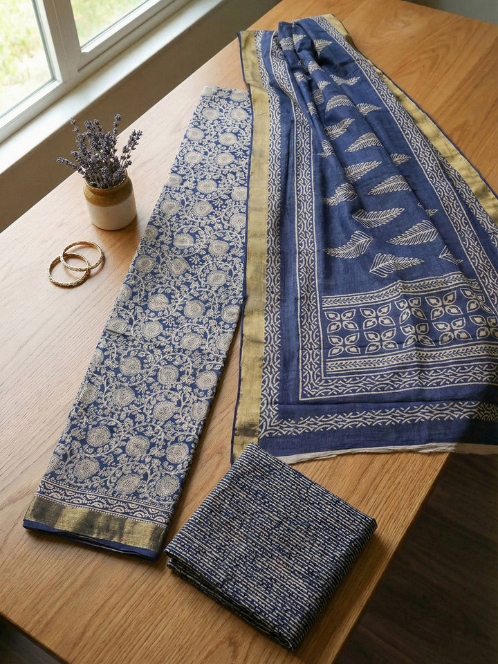 Printed Cotton Blend Unstitched Suit With Pant &amp; Dupatta
