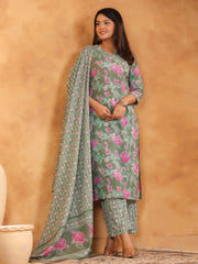 Printed Cotton Blend Kurta With Pants & Dupatta