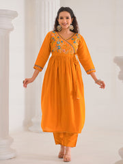 Neck Embroidery Cotton Blend Kurta With Pants & Dupatta