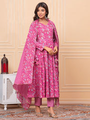 Printed Cotton Blend Kurta With Pants & Dupatta