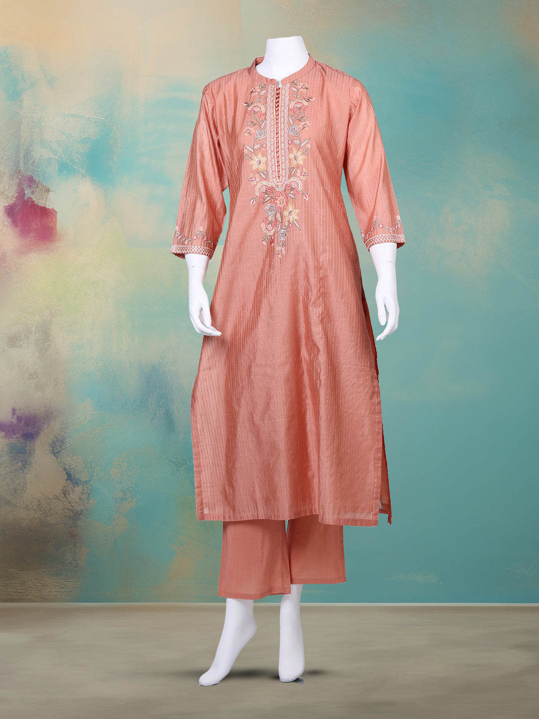 Embroidered Chanderi Kurta With Pant & Dupatta