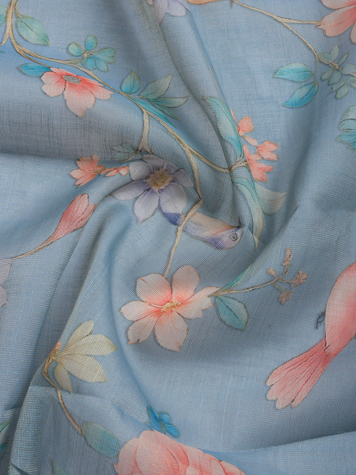 Printed Linen Blend Unstitched Suit With Pant &amp; Dupatta