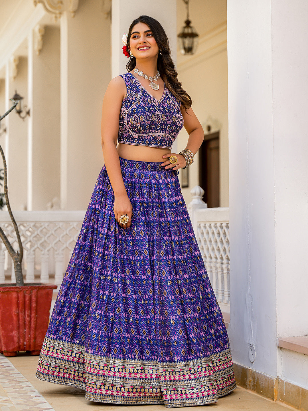 Printed Organza Choli With Lehenga &amp; Dupatta
